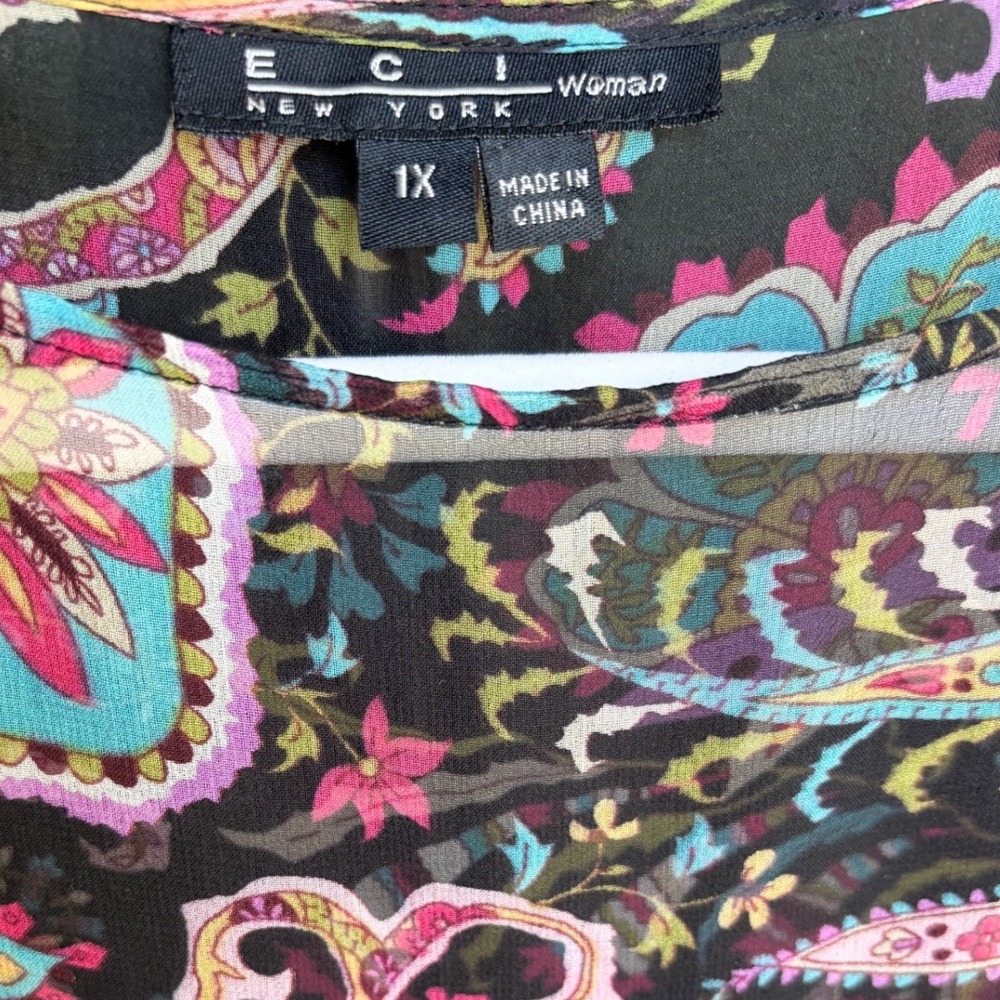 ECI New York Y2K Woman 1X Silk Paisley Poncho Style Blouse Ethereal Colorful - Picture 2 of 4